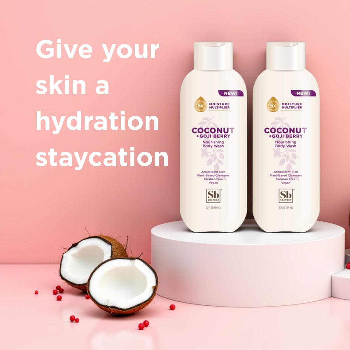 Soapbox bottle with coconut and goji ingredients, communicates natural-sourced benefit