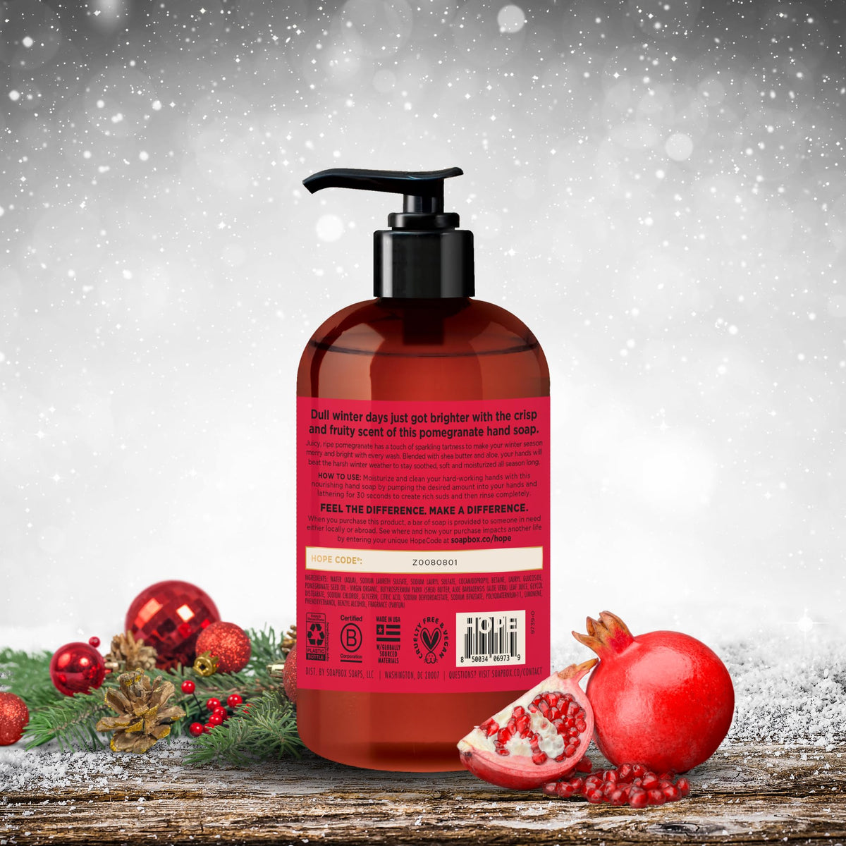 Soapbox ingredients with aloe shea pomegranate highlighting natural extracts
