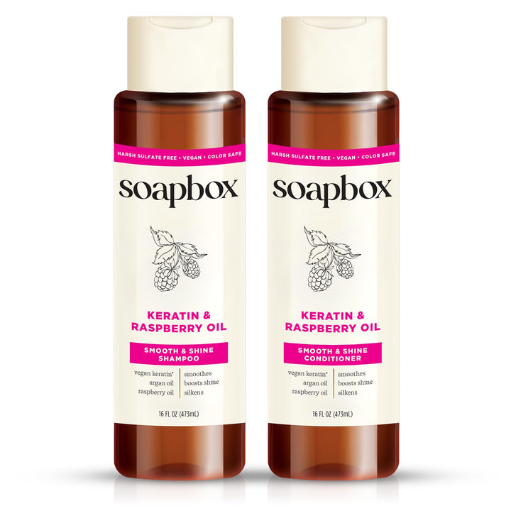 Soapbox front packaging showing bottles and benefits