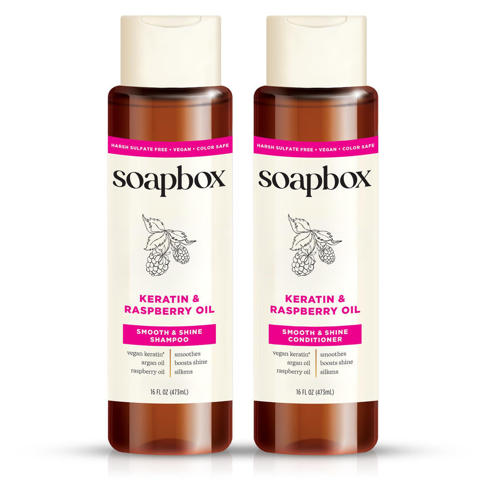 Soapbox front packaging showing bottles and benefits