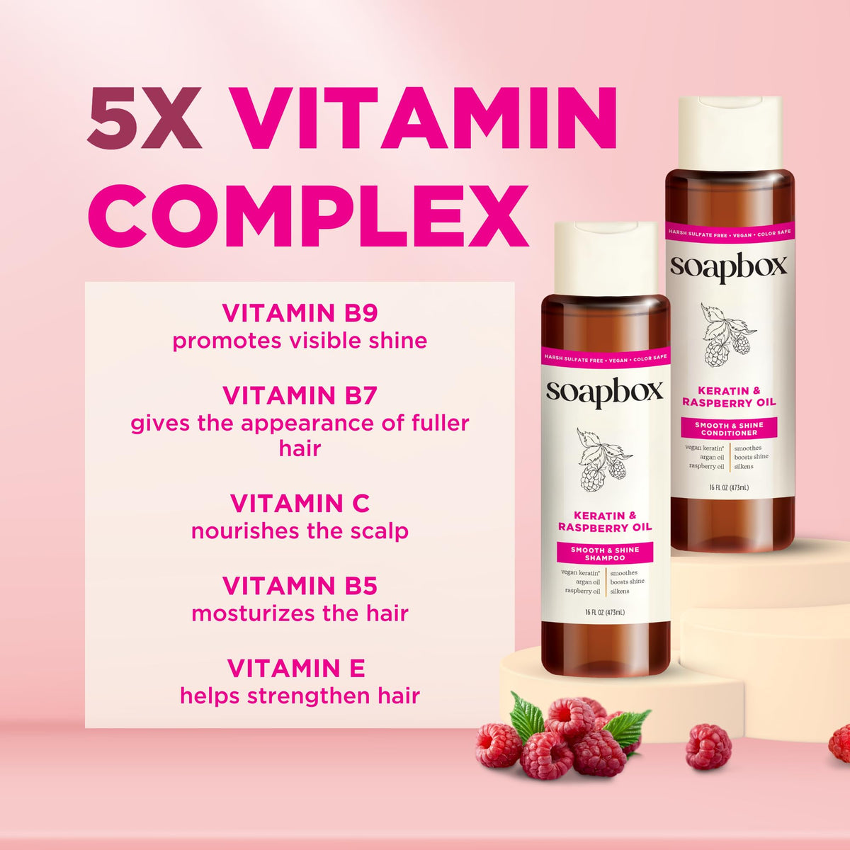 Soapbox keratin and raspberry seed oil ingredients highlighting nourishment