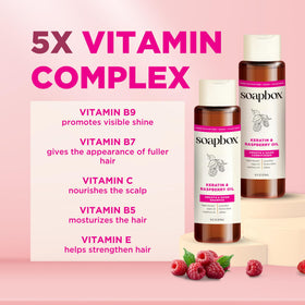 Soapbox keratin and raspberry seed oil ingredients highlighting nourishment