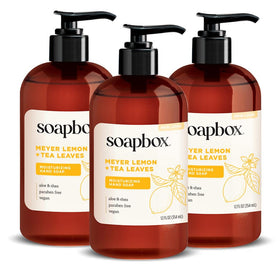 Soapbox front pump bottle showing label and scent benefits