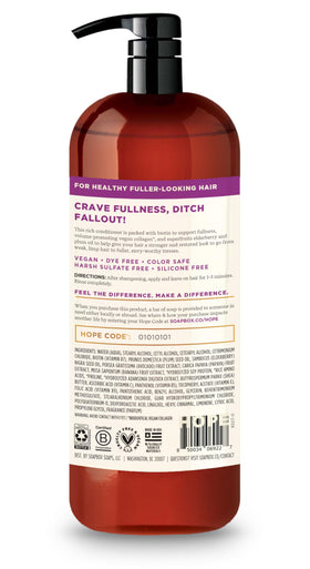 Soapbox bottle label noting donation program and brand mission