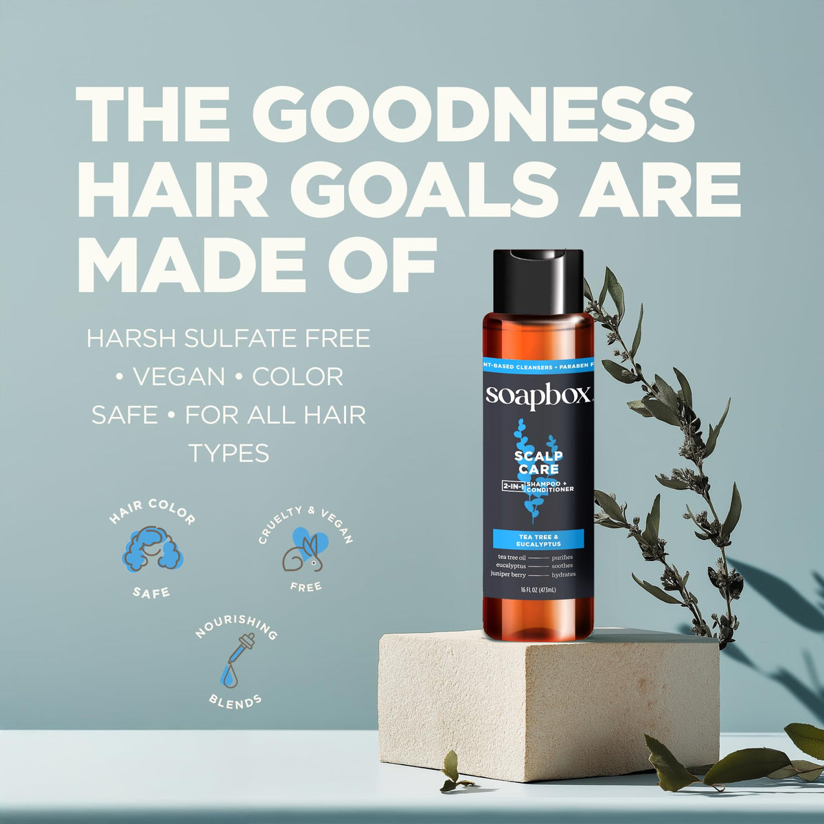 Soapbox scalp care ingredients display with tea tree and eucalyptus for cooling effect