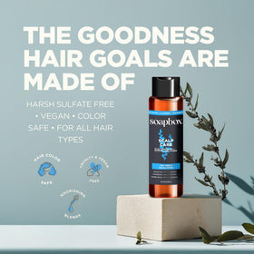 Soapbox scalp care ingredients display with tea tree and eucalyptus for cooling effect
