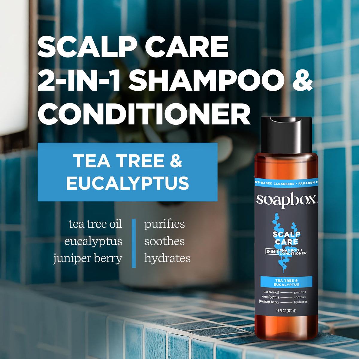 Soapbox scalp care bottle label closeup highlighting clean-ingredient benefits
