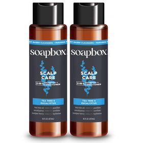 Soapbox scalp care front packaging showing minty 2-in-1 and quick cleanse benefit
