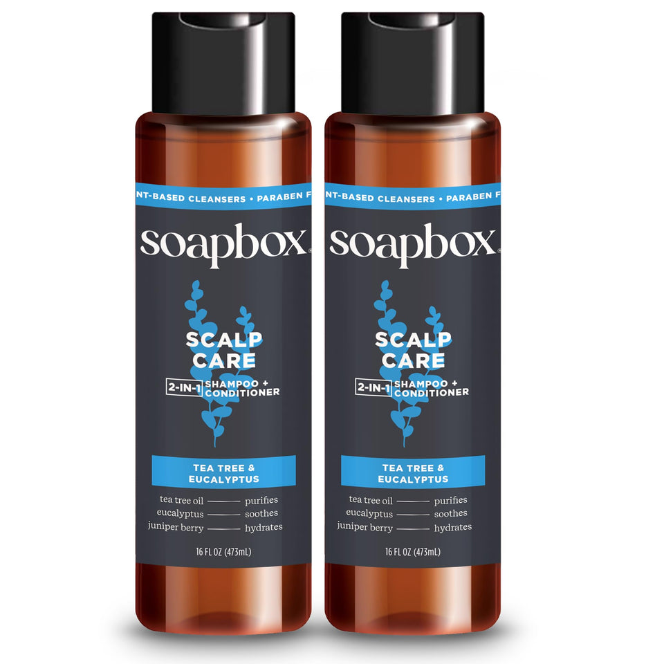 Soapbox scalp care front packaging showing minty 2-in-1 and quick cleanse benefit