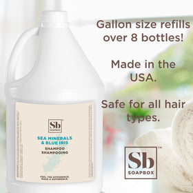 Soapbox shampoo being poured from gallon bottle into dispenser for efficiency
