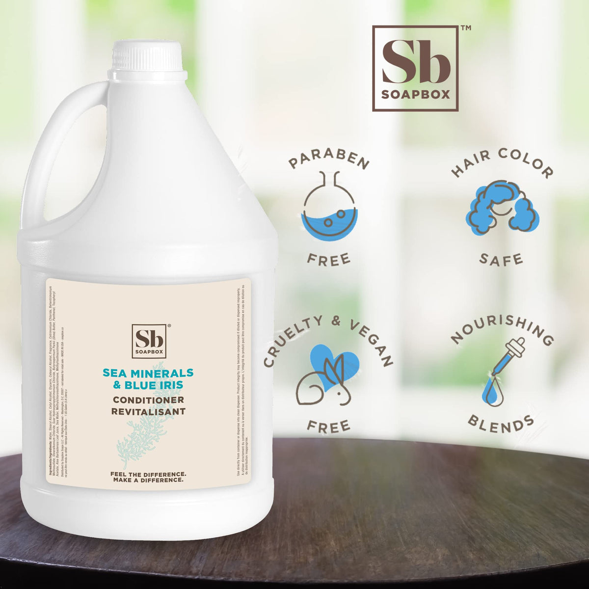 Soapbox gallon with pump dispenser installed for easy refills and reduced waste