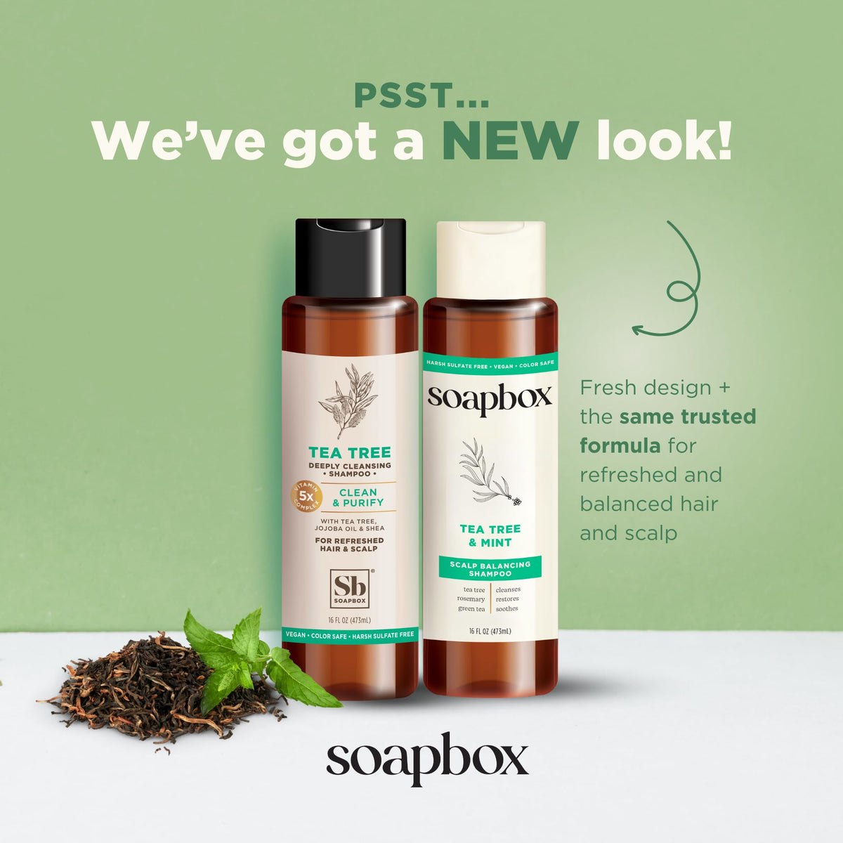 Soapbox shampoo pouring with mint lather to clarify and refresh the scalp