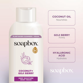 Soapbox on shower shelf styled with towels, evokes everyday clean and fresh bathroom