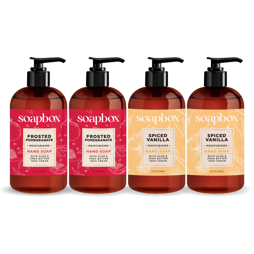 Soapbox front packaging showing scent and 4-pack benefits