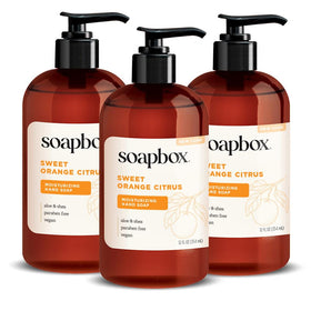 Soapbox bottle front packaging showing Sweet Orange Citrus scent and benefits
