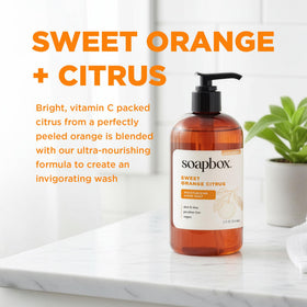 Soapbox bottle beside everyday items showing 12 oz scale and portability