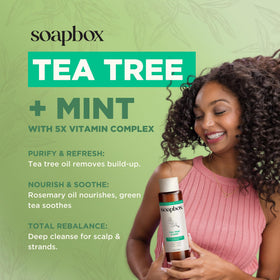 Soapbox bottle label close-up showing tea tree and mint ingredients and claims