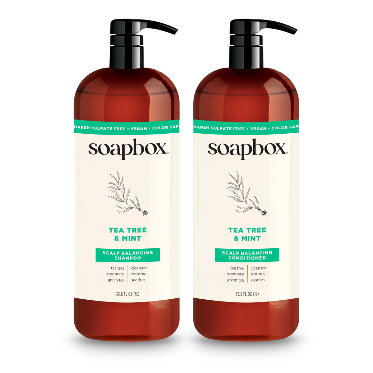 Soapbox shampoo and conditioner front packaging showing both 1L bottles and benefits