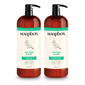 Soapbox shampoo and conditioner front packaging showing both 1L bottles and benefits