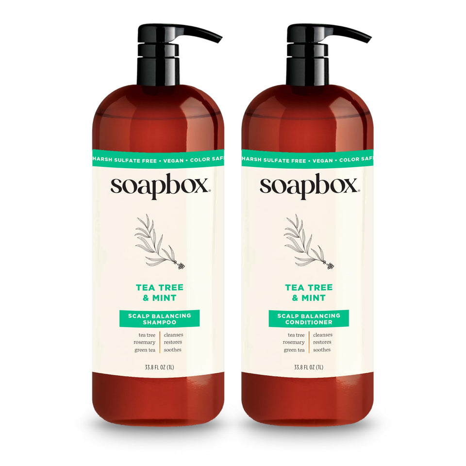 Soapbox shampoo and conditioner front packaging showing both 1L bottles and benefits