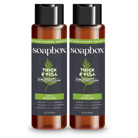 Soapbox thick & full front packaging showing two bottles and brand clarity