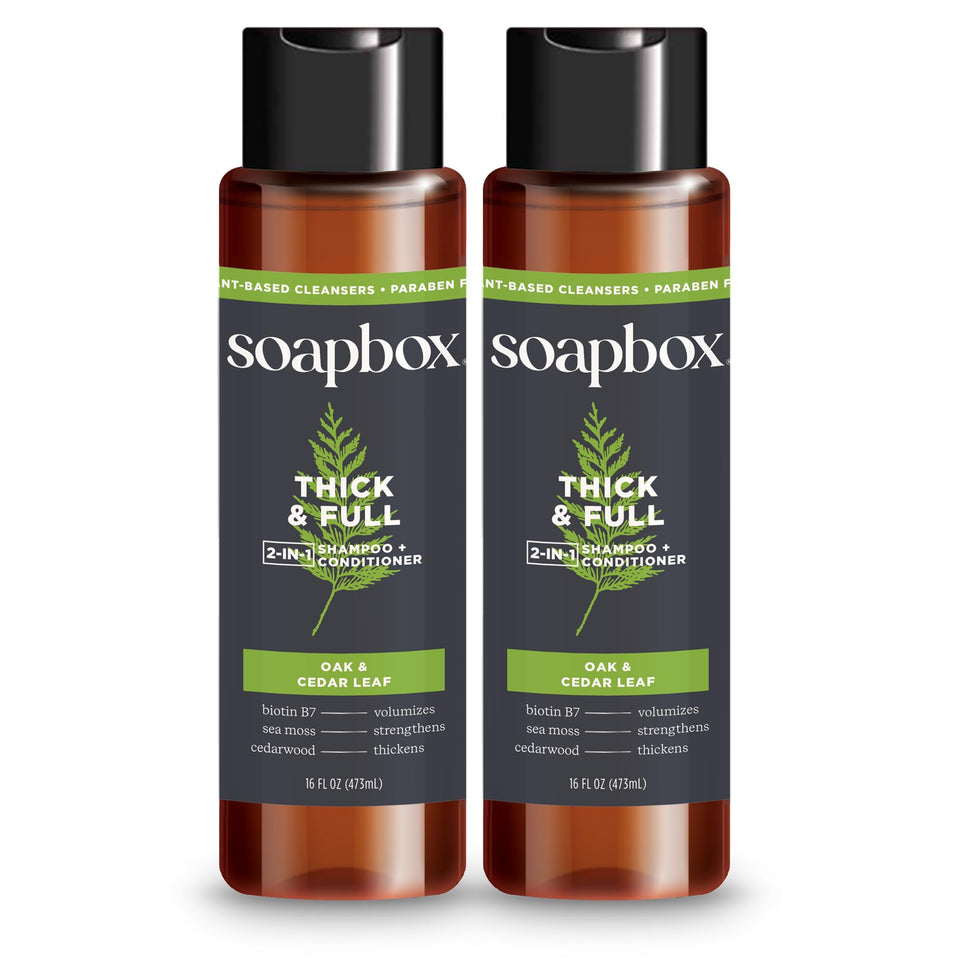 Soapbox thick & full front packaging showing two bottles and brand clarity