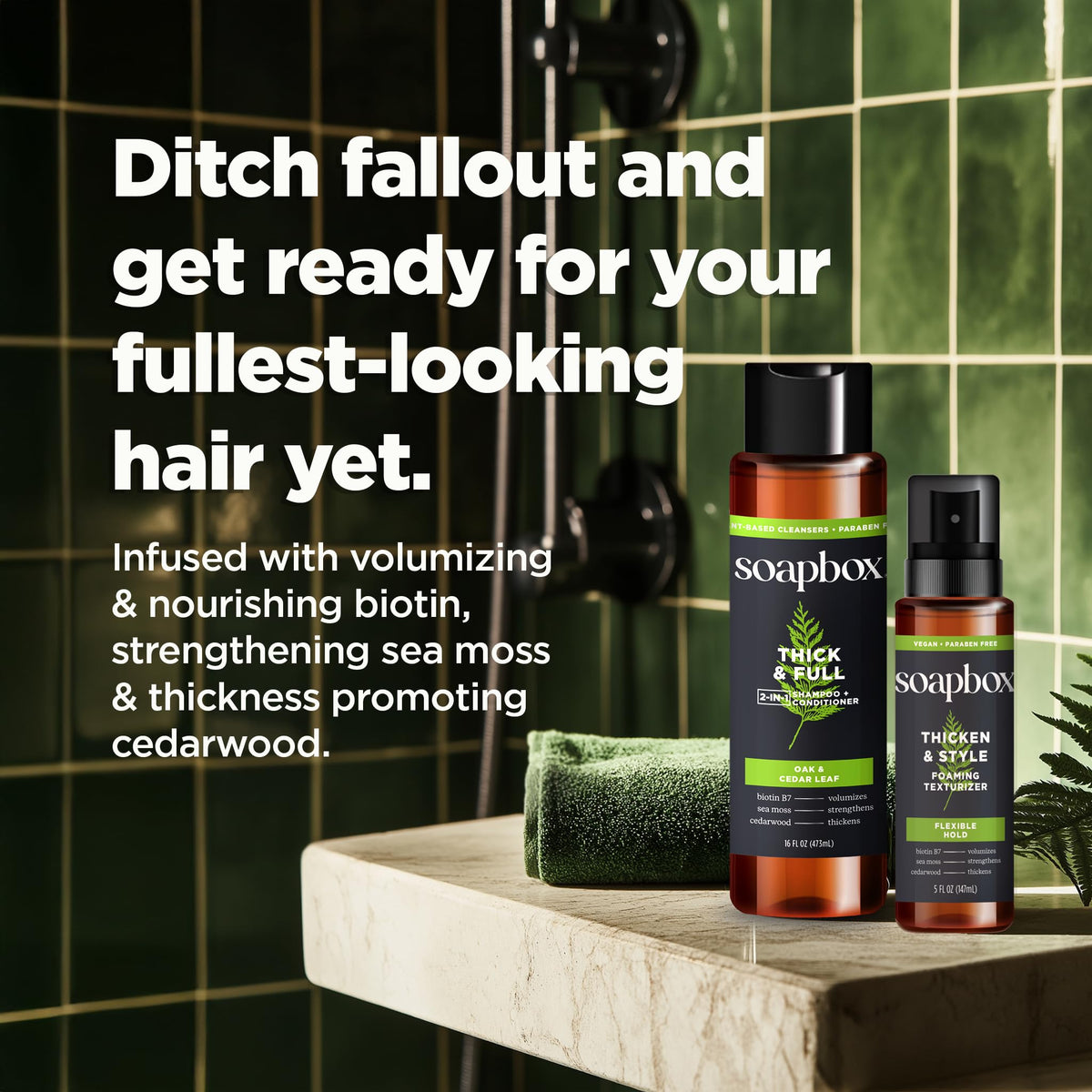 Soapbox in-shower use model rinsing hair for fast post-workout clean