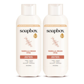 Soapbox front packaging showing vanilla bean and fig scent and hydrating benefits