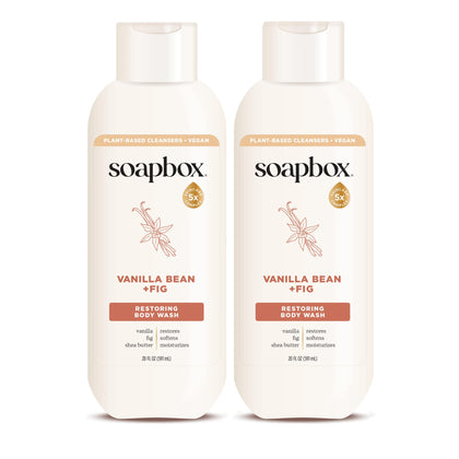 Soapbox front packaging showing vanilla bean and fig scent and hydrating benefits