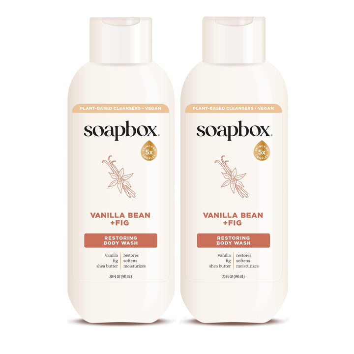 Soapbox front packaging showing vanilla bean and fig scent and hydrating benefits