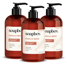 Soapbox front packaging showing vanilla bean label and three-pack benefit