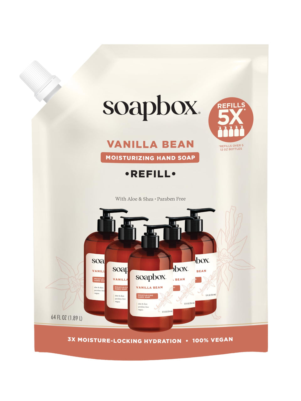 Soapbox front label on 64 oz vanilla bean refill highlighting scent benefit