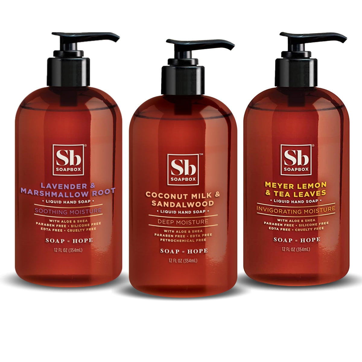 Soapbox variety 3 pack front view showing three scented bottles and convenience