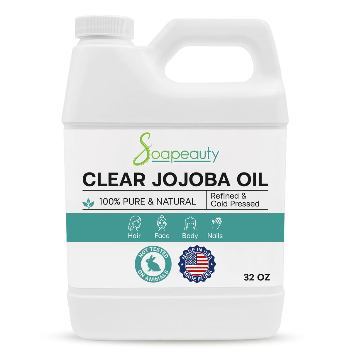 Soapeauty bottle front view showing clean label and large size benefit