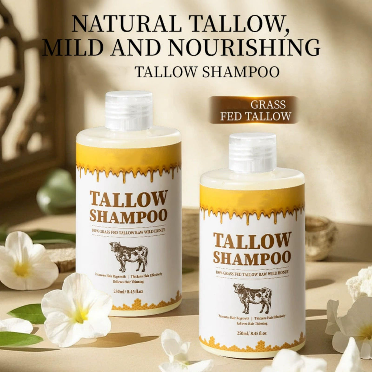 side-by-side hair lengths before and after Soelegant tallow use showing improved shine and smoothness