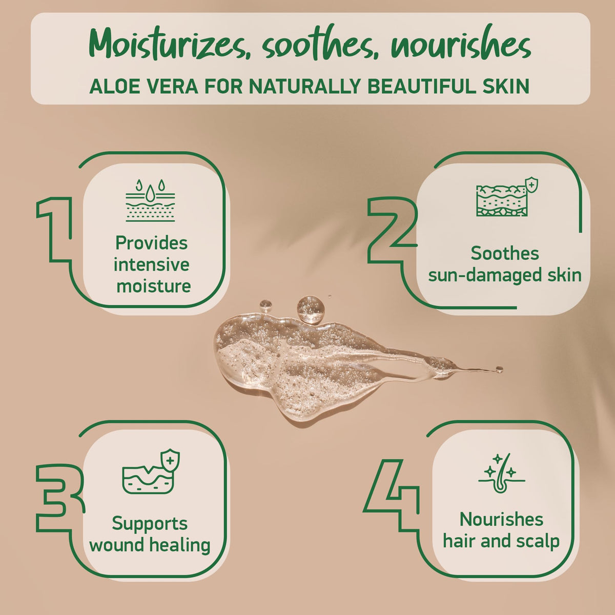 Soena gel texture closeup highlighting pure aloe leaf juice hydration