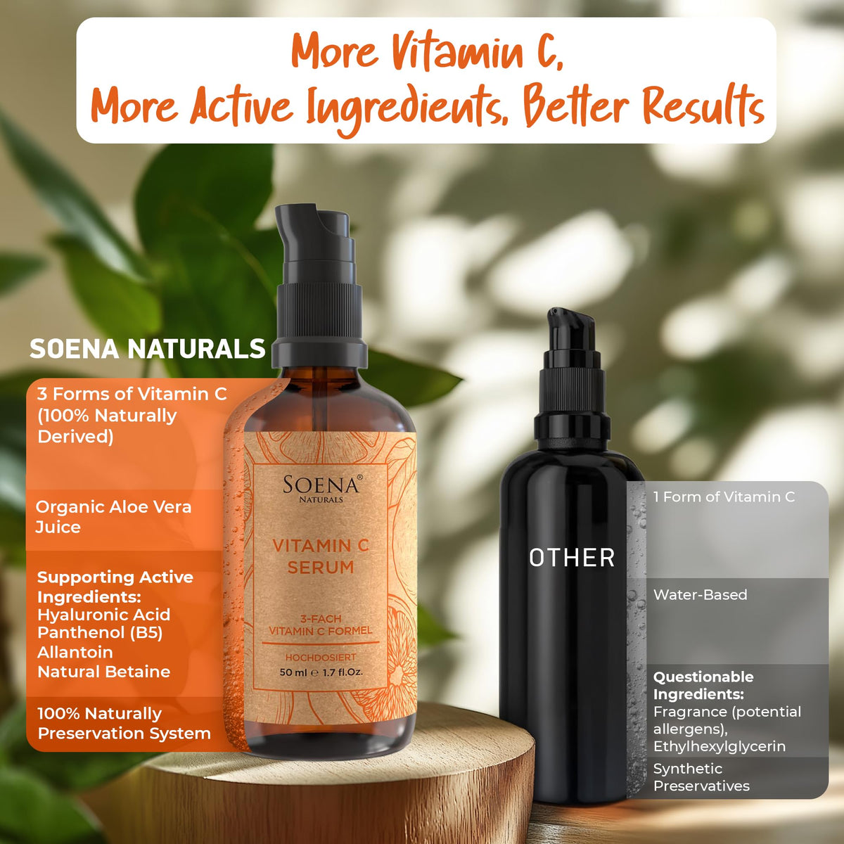 Soena amber glass bottle protecting Vitamin C for longer stability