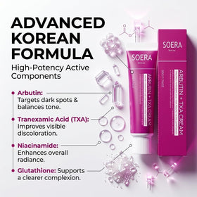 SOERA ingredient close-up highlighting arbutin and tranexamic acid benefits