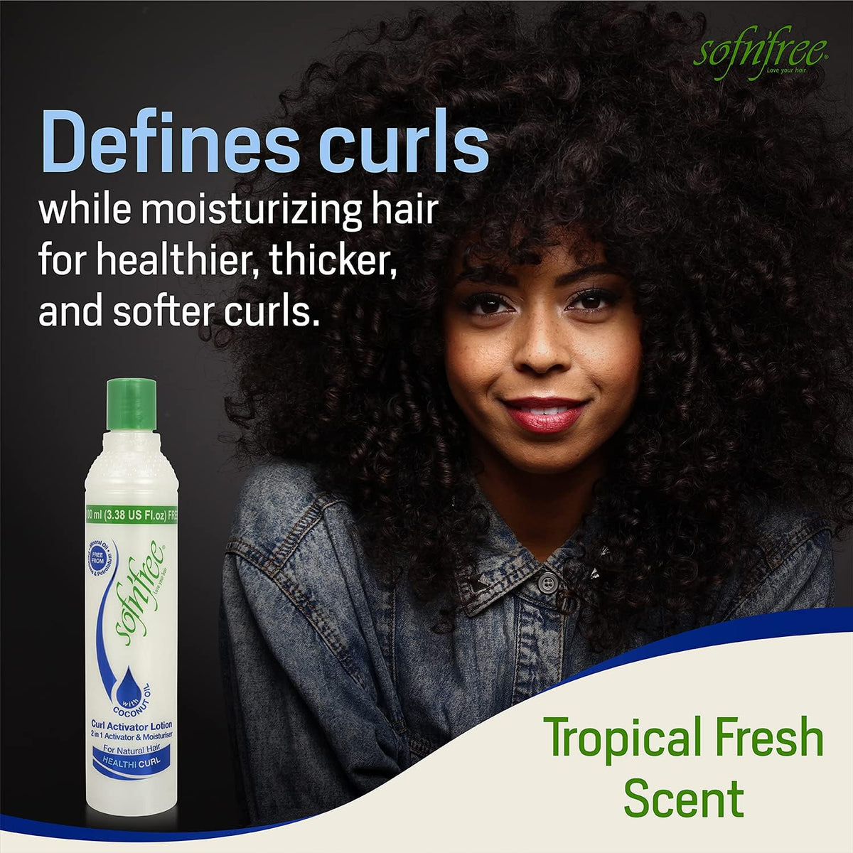 SOF N' FREE applied to model curls demonstrating defined, frizz-controlled finish