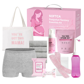 SOFTCA front packaging showing full postpartum kit for organized recovery
