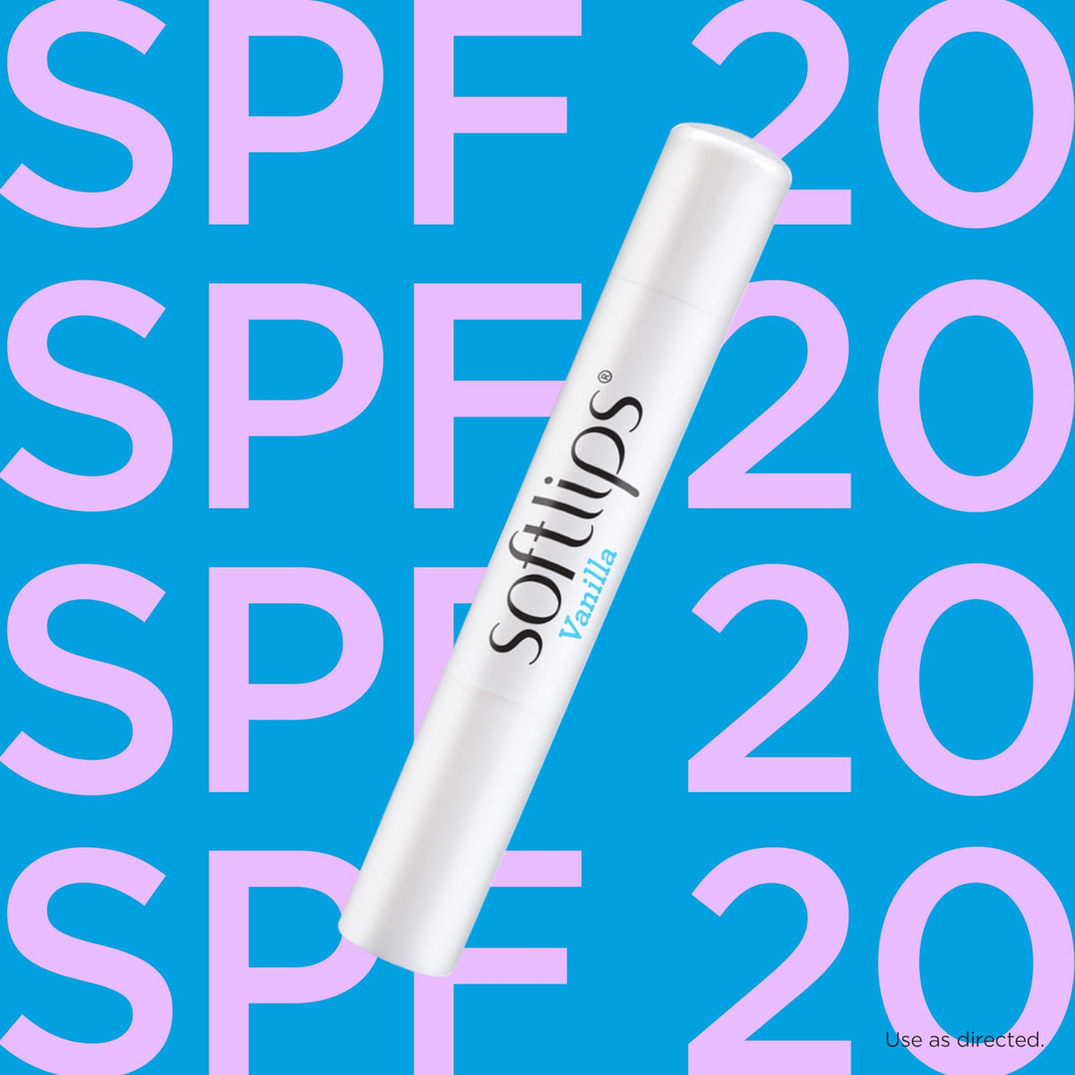 Softlips vanilla close-up label highlighting SPF 20 protection and trust