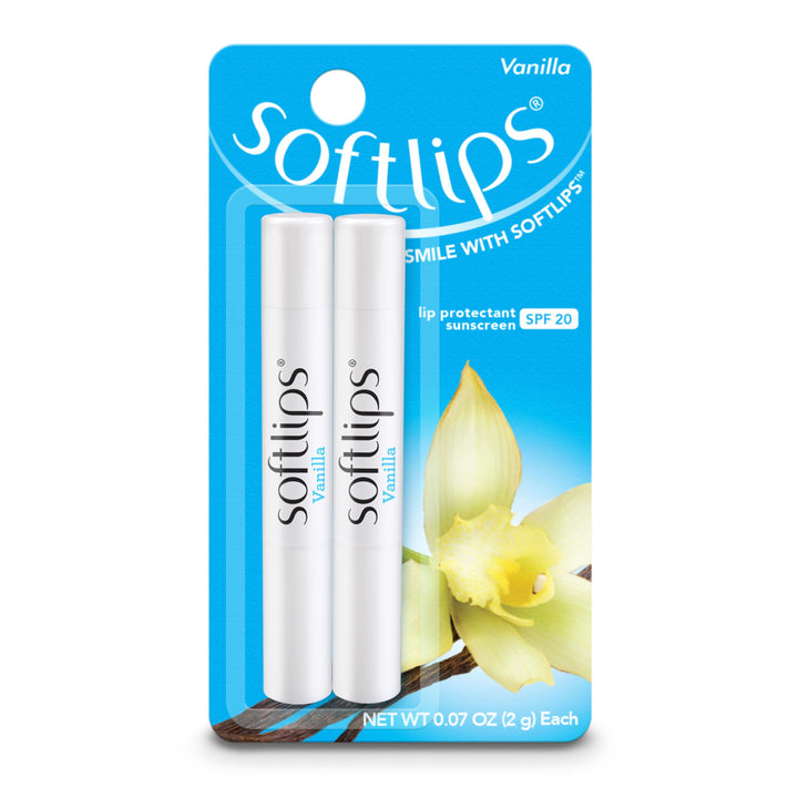 Softlips vanilla front packaging showing slim sticks and vanilla scent protection