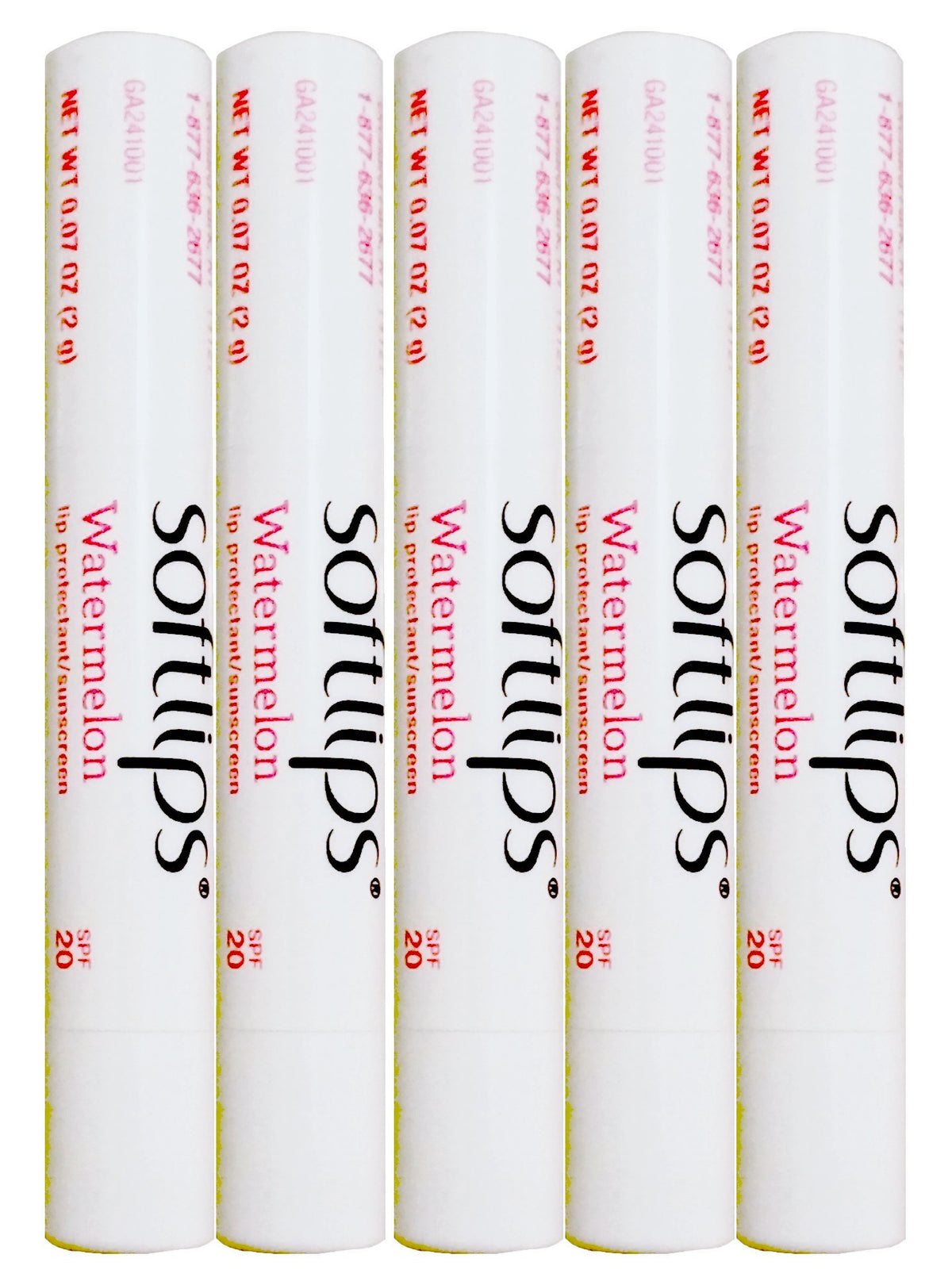 SoftLips front view showing five watermelon lip balm sticks and portability