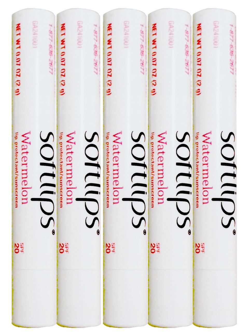 SoftLips front view showing five watermelon lip balm sticks and portability