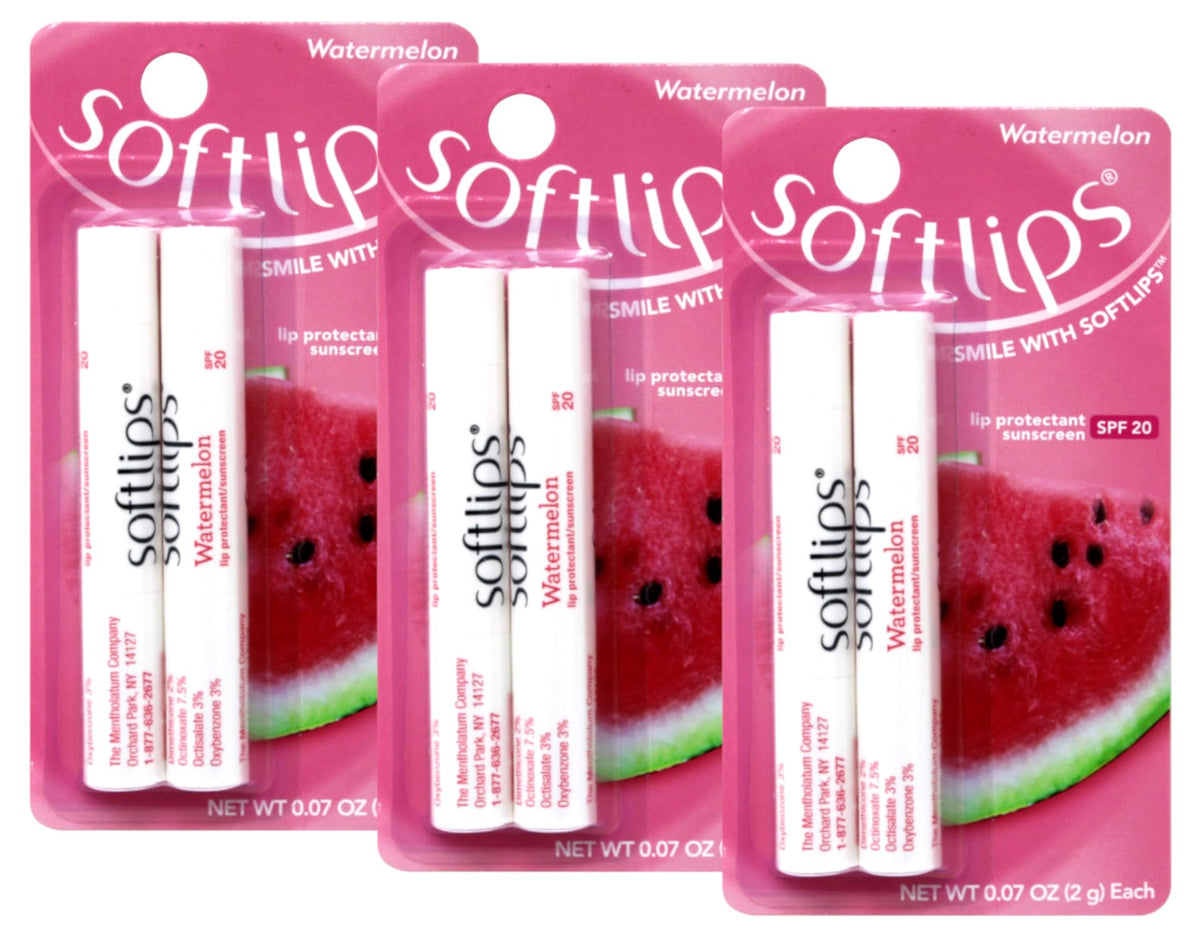 SoftLips watermelon twin pack front view showing compact SPF 20 tubes for daily protection