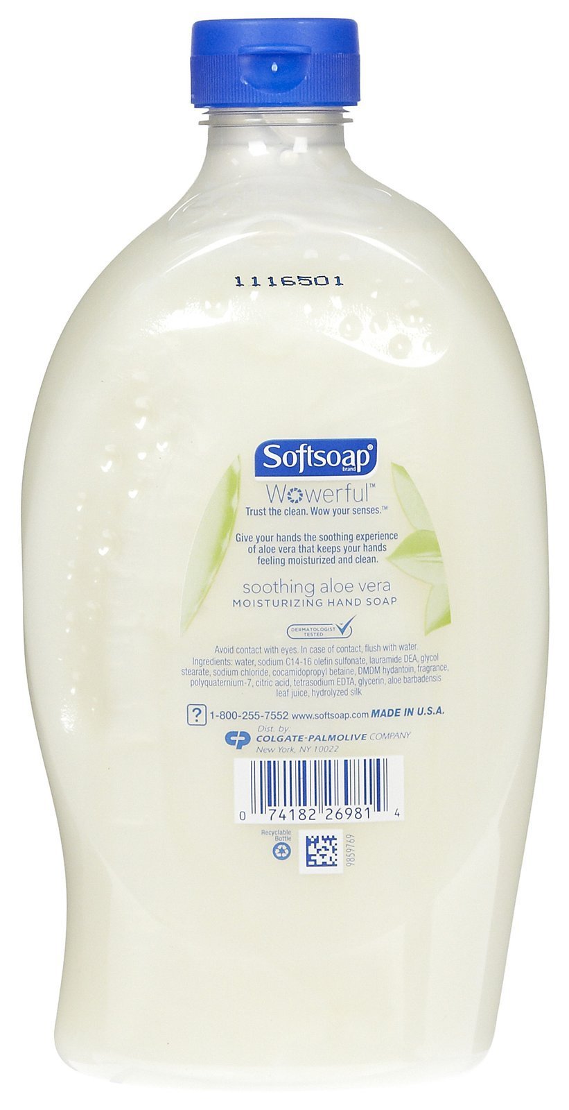Softsoap refill being poured into a dispenser highlighting easy-pour cap convenience