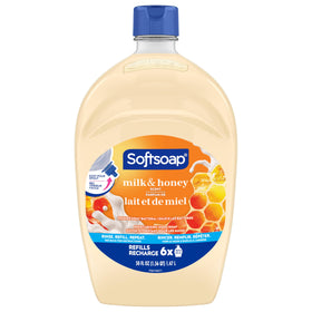 Softsoap refill placed on bathroom vanity conveying neat refill solution and aesthetic benefit