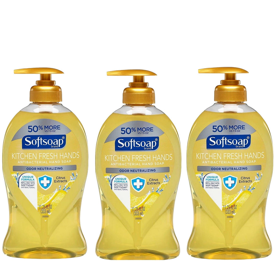 Softsoap bottle front view showing citrus pump and bright kitchen scent