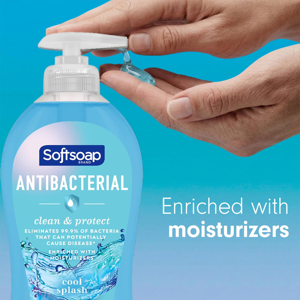 Softsoap label detail showing branding and antibacterial claim, supports informed choice