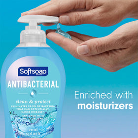 Softsoap label detail showing branding and antibacterial claim, supports informed choice